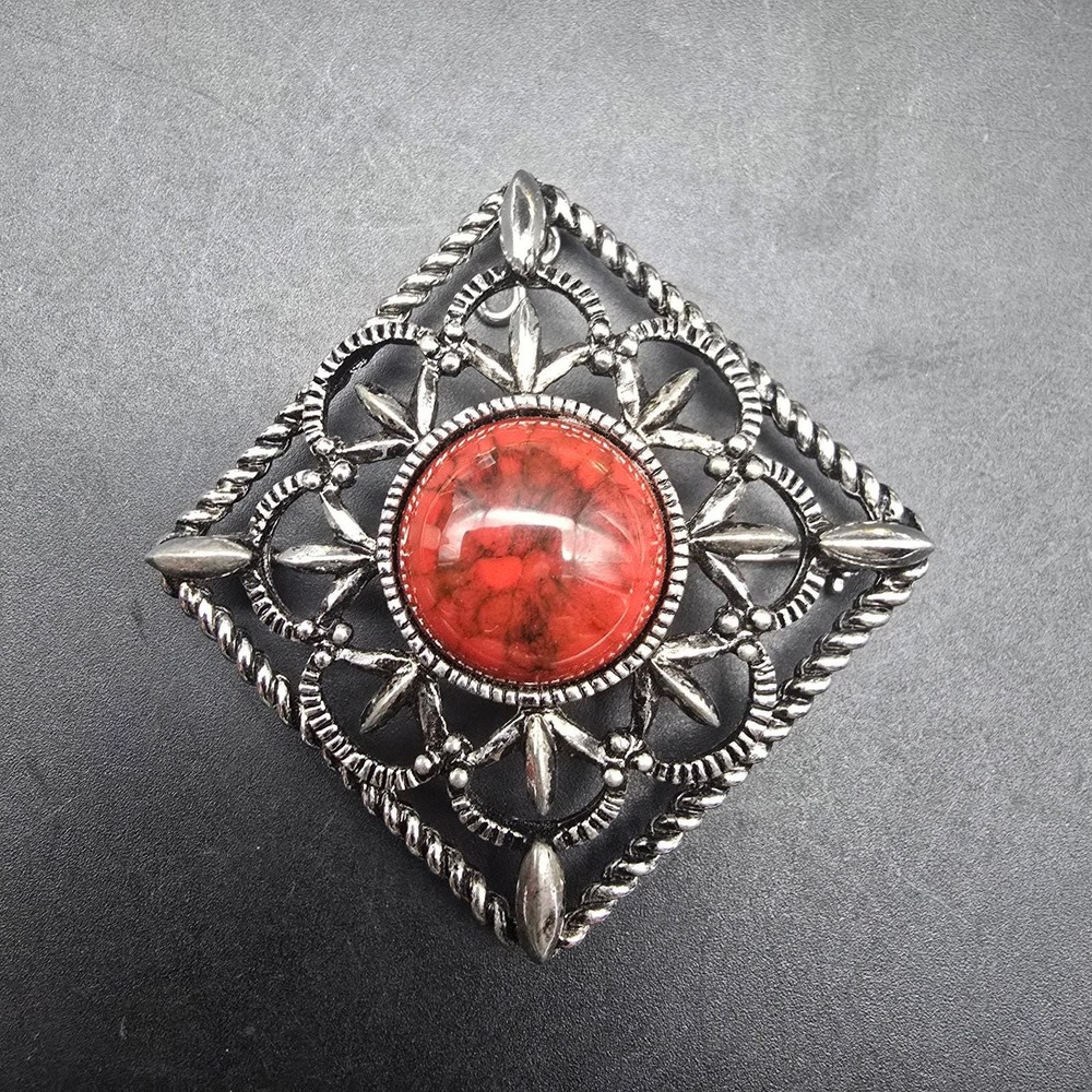 Sarah Coventry Inca Fire Brooch Faux Red Jasper Square Filigree Silver Tone